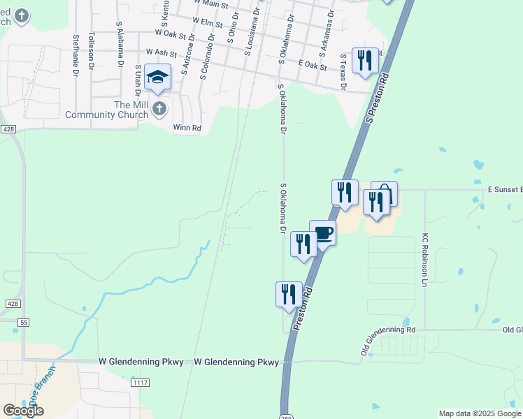 map of restaurants, bars, coffee shops, grocery stores, and more near 1155 South Oklahoma Drive in Celina