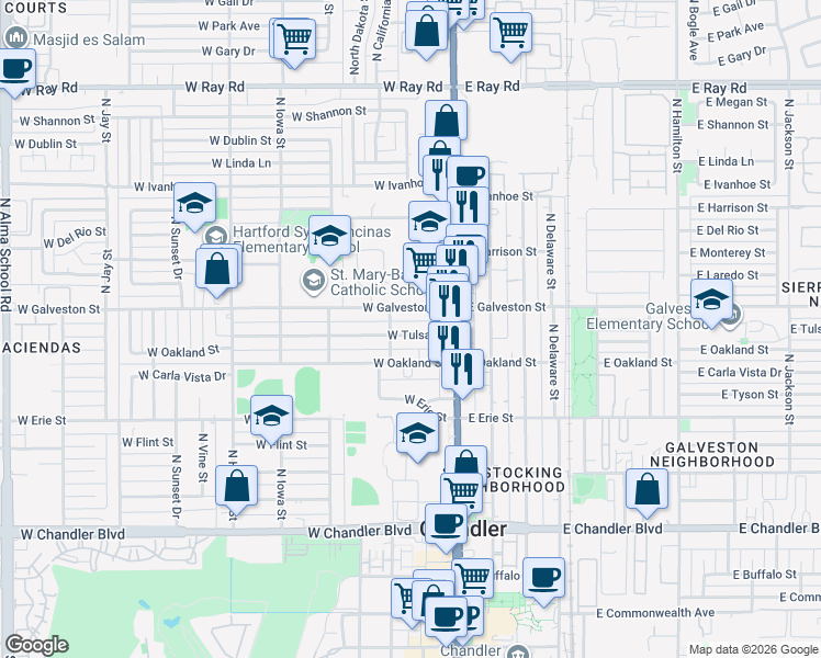 map of restaurants, bars, coffee shops, grocery stores, and more near 50 West Oakland Street in Chandler