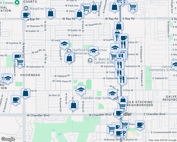 map of restaurants, bars, coffee shops, grocery stores, and more near 262 West Oakland Street in Chandler