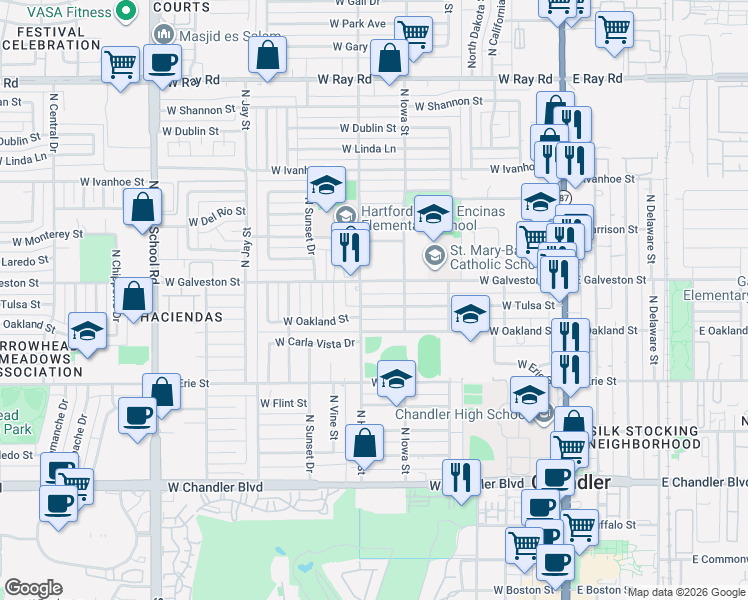map of restaurants, bars, coffee shops, grocery stores, and more near 328 West Oakland Street in Chandler