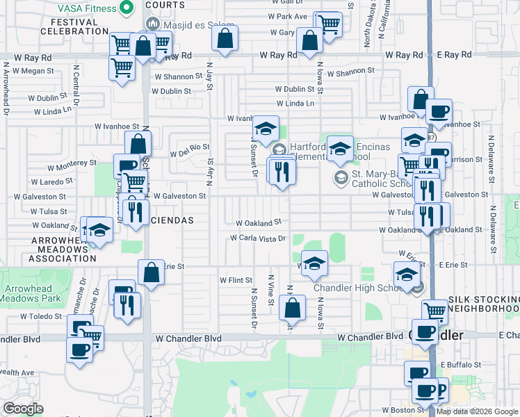 map of restaurants, bars, coffee shops, grocery stores, and more near 696 West Oakland Street in Chandler