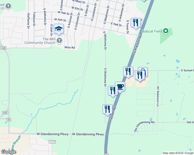 map of restaurants, bars, coffee shops, grocery stores, and more near 1155 South Oklahoma Drive in Celina