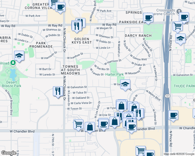 map of restaurants, bars, coffee shops, grocery stores, and more near 511 North Pepperwood Court in Chandler