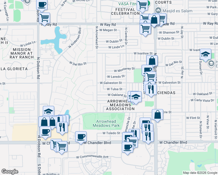 map of restaurants, bars, coffee shops, grocery stores, and more near 1266 West Tulsa Street in Chandler