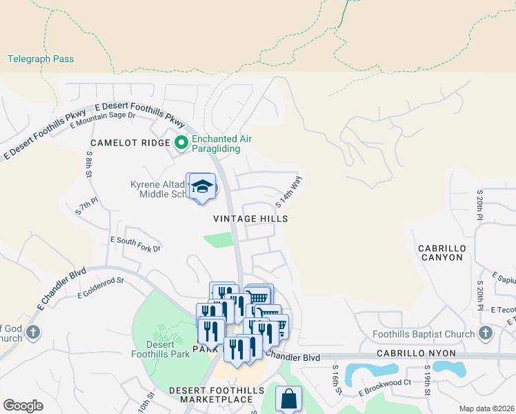 map of restaurants, bars, coffee shops, grocery stores, and more near 14823 South 13th Place in Phoenix