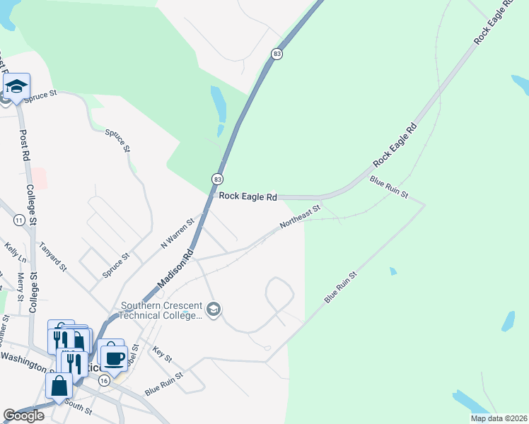 map of restaurants, bars, coffee shops, grocery stores, and more near 163 Rock Eagle Road in Monticello