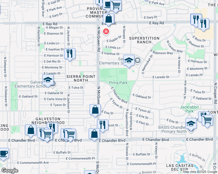 map of restaurants, bars, coffee shops, grocery stores, and more near 1081 East Thatcher Boulevard in Chandler