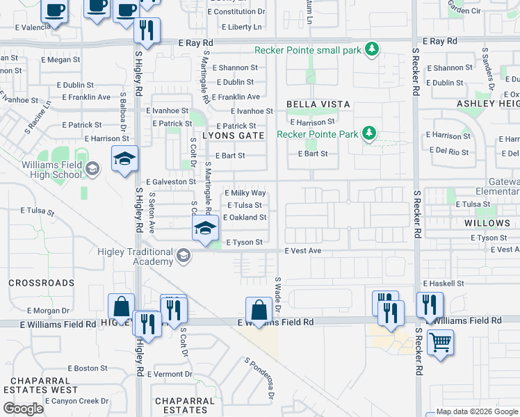 map of restaurants, bars, coffee shops, grocery stores, and more near 3523 East Milky Way in Gilbert