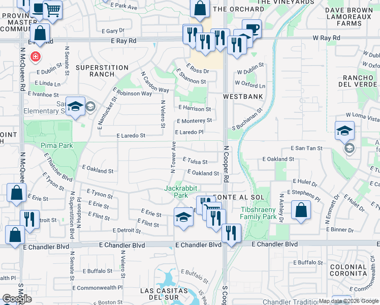 map of restaurants, bars, coffee shops, grocery stores, and more near 592 North Danyell Court in Chandler