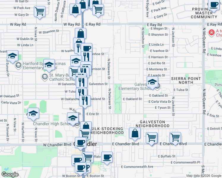 map of restaurants, bars, coffee shops, grocery stores, and more near 363 East Laredo Street in Chandler