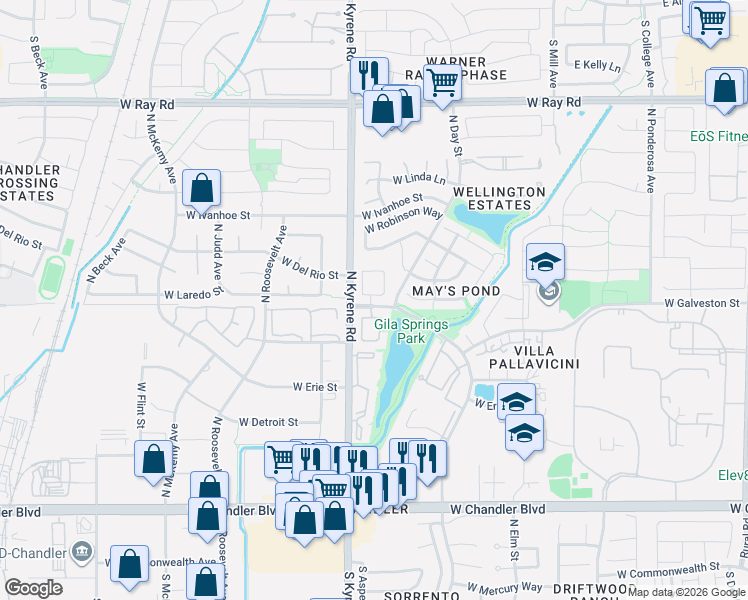 map of restaurants, bars, coffee shops, grocery stores, and more near 5943 West Del Rio Street in Chandler