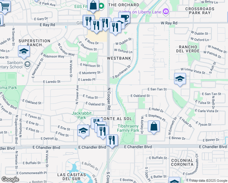 map of restaurants, bars, coffee shops, grocery stores, and more near 551 North Eucalyptus Place in Chandler