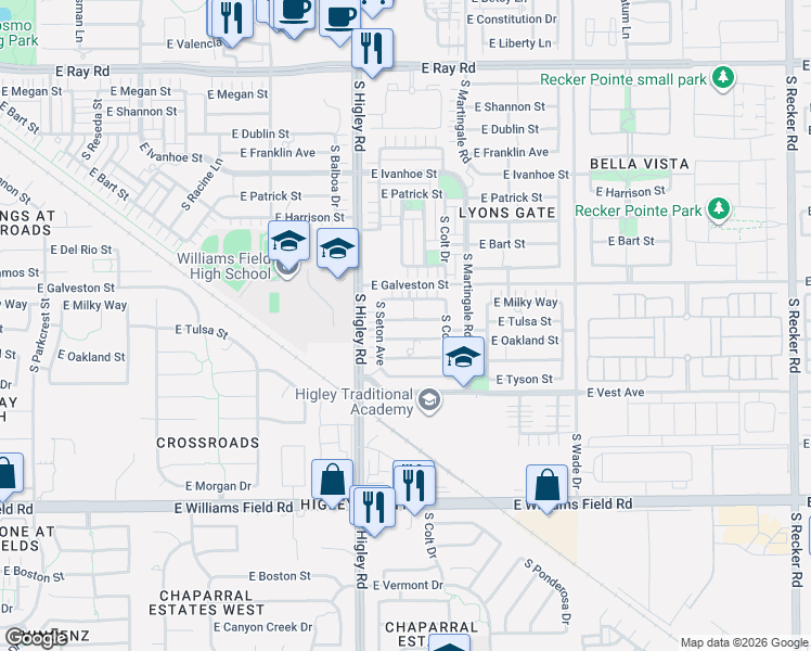 map of restaurants, bars, coffee shops, grocery stores, and more near 3283 East Tulsa Street in Gilbert