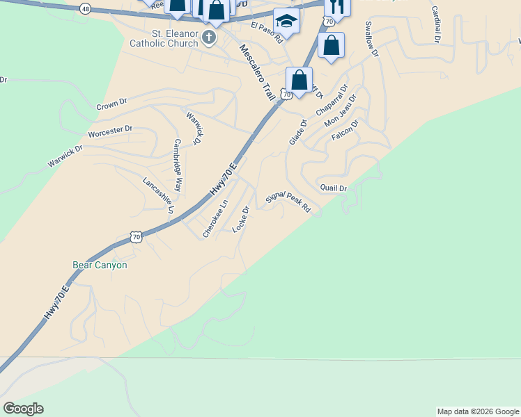 map of restaurants, bars, coffee shops, grocery stores, and more near 100 Signal Peak Road in Ruidoso