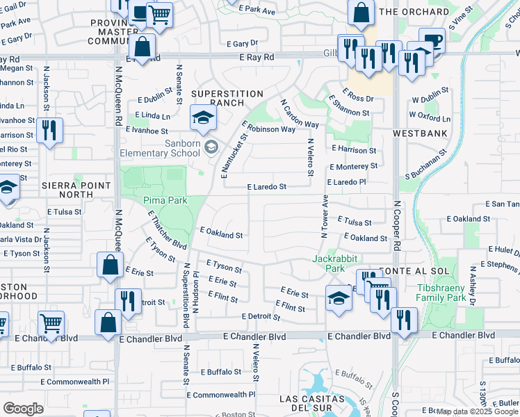 map of restaurants, bars, coffee shops, grocery stores, and more near 597 North Newport Street in Chandler