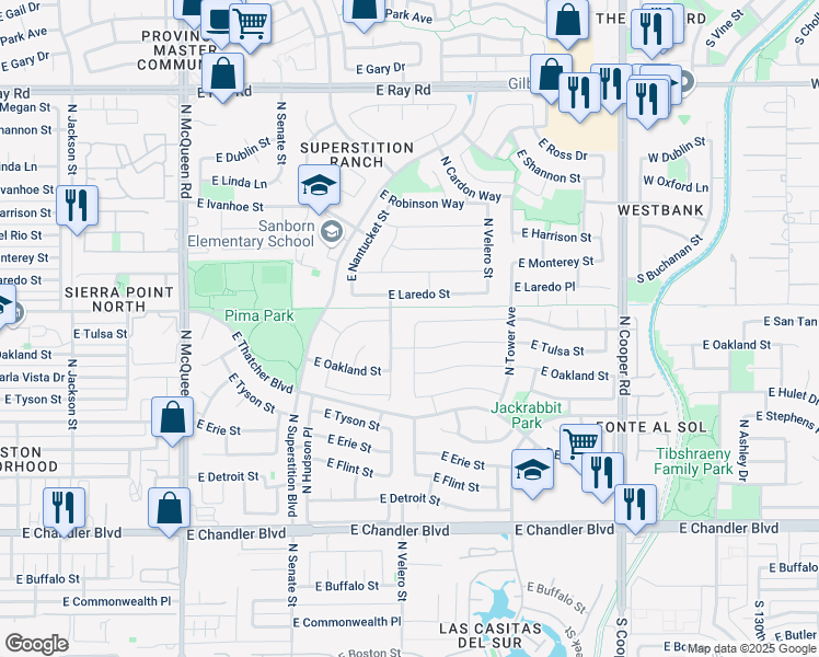map of restaurants, bars, coffee shops, grocery stores, and more near 597 North Newport Street in Chandler