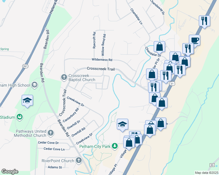 map of restaurants, bars, coffee shops, grocery stores, and more near 700 Cahaba Manor Drive in Pelham