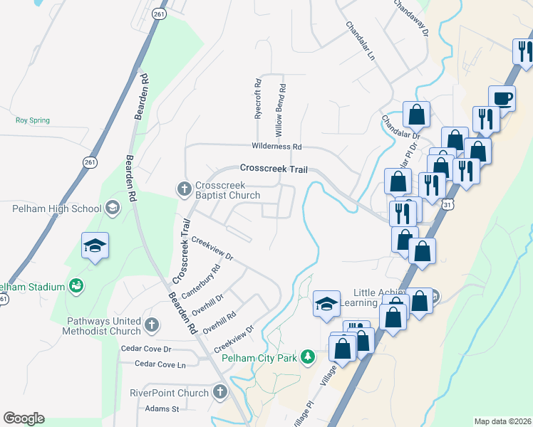 map of restaurants, bars, coffee shops, grocery stores, and more near 721 Cahaba Manor Court in Pelham