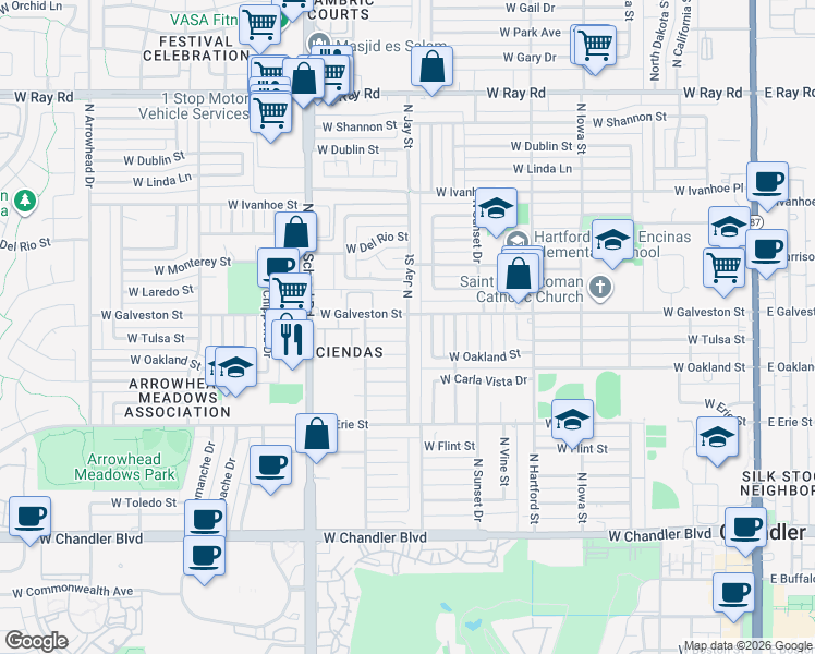map of restaurants, bars, coffee shops, grocery stores, and more near 796 West Galveston Street in Chandler