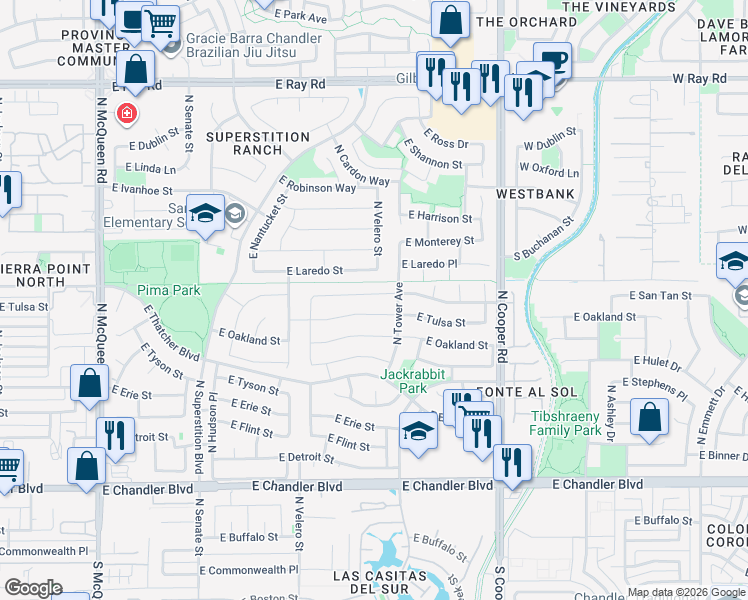 map of restaurants, bars, coffee shops, grocery stores, and more near 1620 East San Tan Street in Chandler