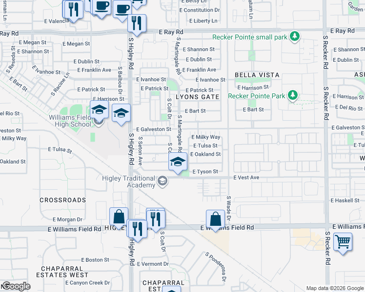 map of restaurants, bars, coffee shops, grocery stores, and more near 2040 South Martingale Road in Gilbert