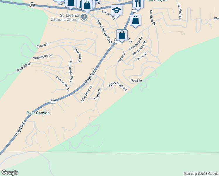 map of restaurants, bars, coffee shops, grocery stores, and more near 100-116 Signal Peak Rd in Ruidoso