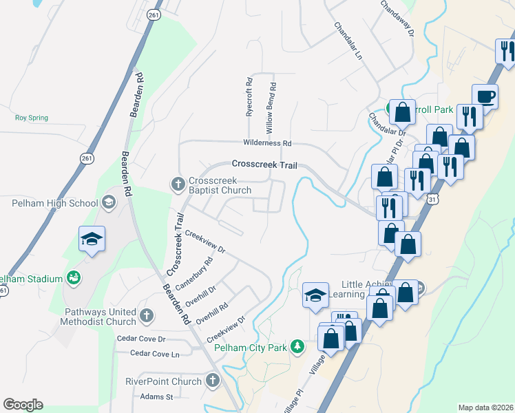 map of restaurants, bars, coffee shops, grocery stores, and more near 608 Cahaba Manor Lane in Pelham