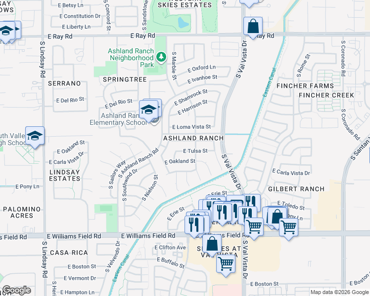 map of restaurants, bars, coffee shops, grocery stores, and more near 1435 East Galveston Street in Gilbert