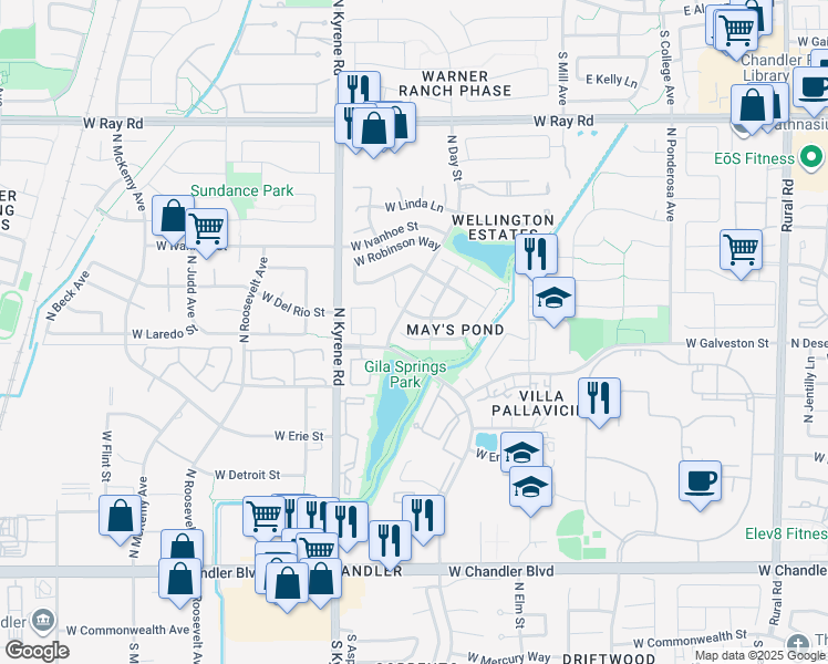 map of restaurants, bars, coffee shops, grocery stores, and more near 701 North May Street in Chandler