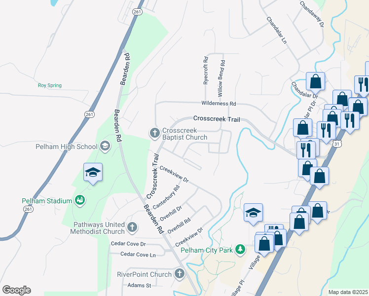 map of restaurants, bars, coffee shops, grocery stores, and more near 514 Cahaba Manor Lane in Pelham