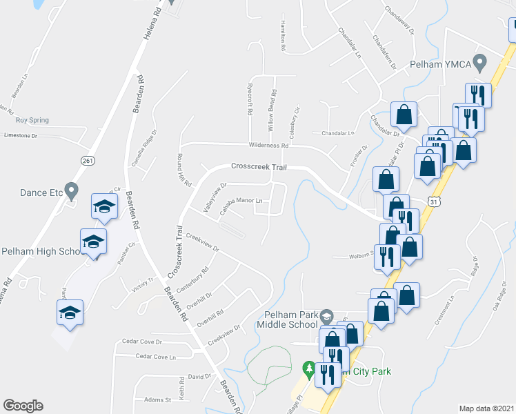 map of restaurants, bars, coffee shops, grocery stores, and more near 727 Cahaba Manor Court in Pelham