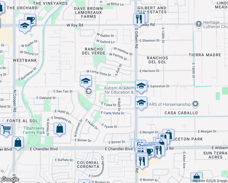 map of restaurants, bars, coffee shops, grocery stores, and more near 2804 East Cobalt Street in Chandler