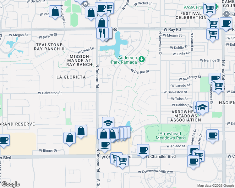 map of restaurants, bars, coffee shops, grocery stores, and more near 1746 West San Tan Street in Chandler