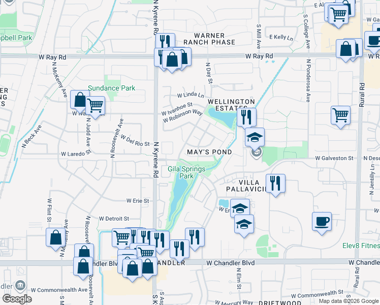 map of restaurants, bars, coffee shops, grocery stores, and more near 701 North May Street in Chandler