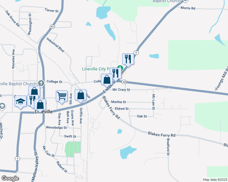 map of restaurants, bars, coffee shops, grocery stores, and more near 89445 Alabama 9 in Lineville