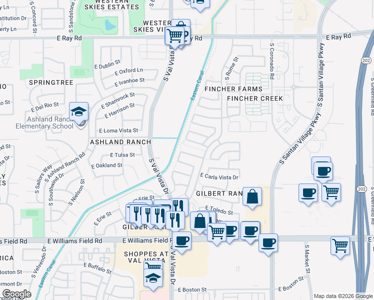 map of restaurants, bars, coffee shops, grocery stores, and more near 1661 East Milky Way in Gilbert