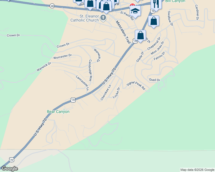 map of restaurants, bars, coffee shops, grocery stores, and more near 105-125 Cherokee Lane in Ruidoso
