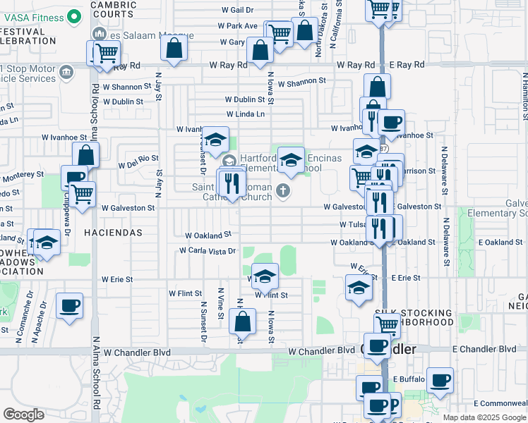 map of restaurants, bars, coffee shops, grocery stores, and more near 315 West Galveston Street in Chandler