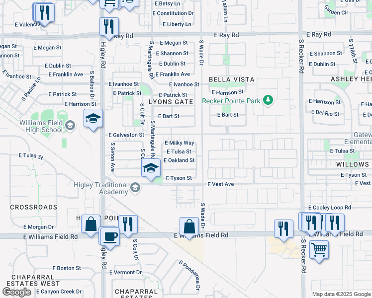 map of restaurants, bars, coffee shops, grocery stores, and more near 3523 East Milky Way in Gilbert