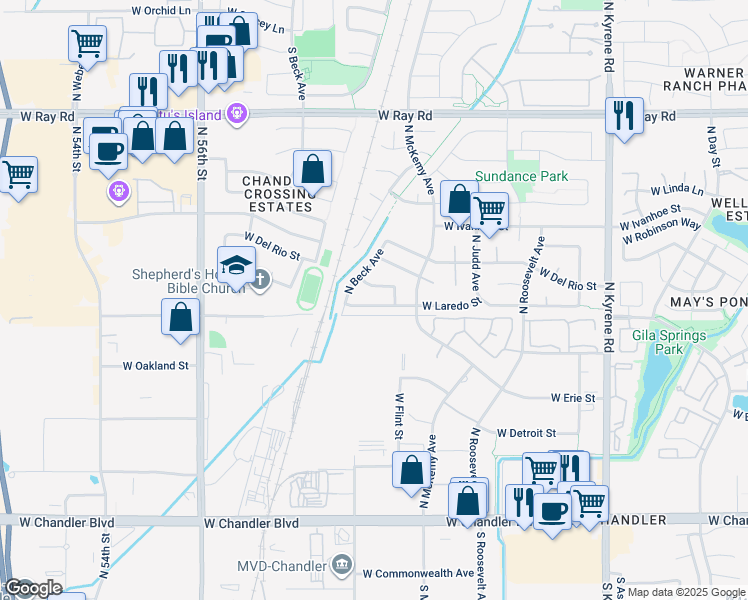 map of restaurants, bars, coffee shops, grocery stores, and more near 6425 West Monterey Street in Chandler