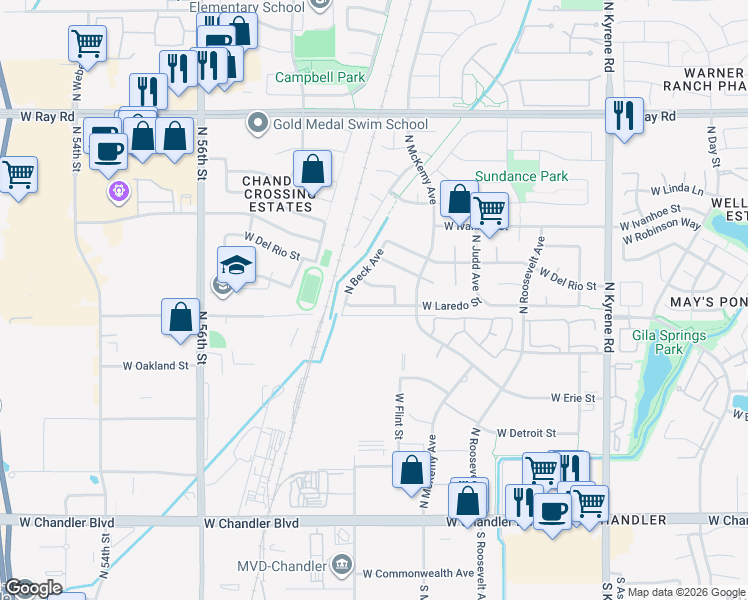 map of restaurants, bars, coffee shops, grocery stores, and more near 6426 West Laredo Street in Chandler