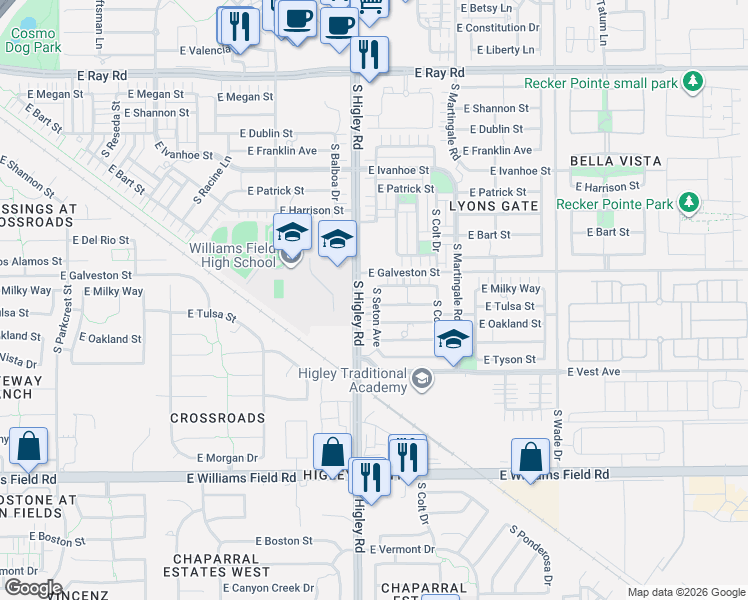 map of restaurants, bars, coffee shops, grocery stores, and more near 3255 East Milky Way in Gilbert