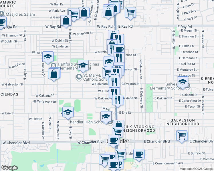 map of restaurants, bars, coffee shops, grocery stores, and more near 57 West Galveston Street in Chandler