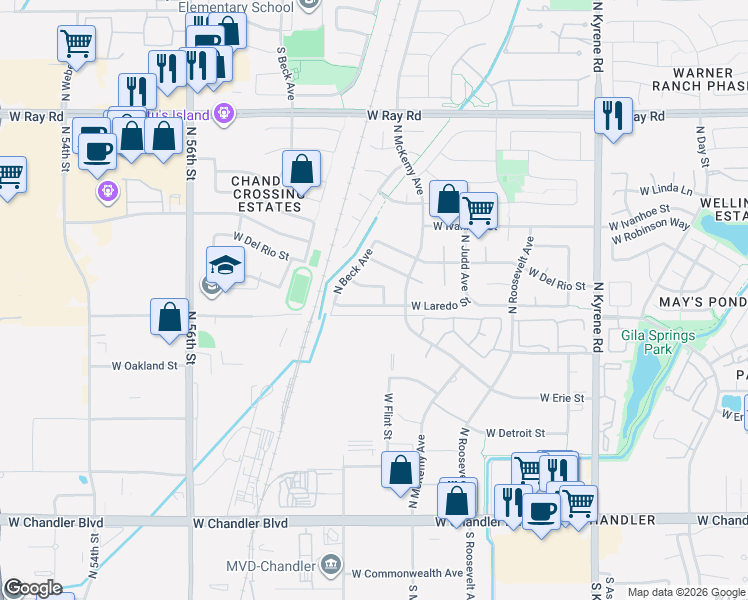 map of restaurants, bars, coffee shops, grocery stores, and more near 6425 West Monterey Street in Chandler