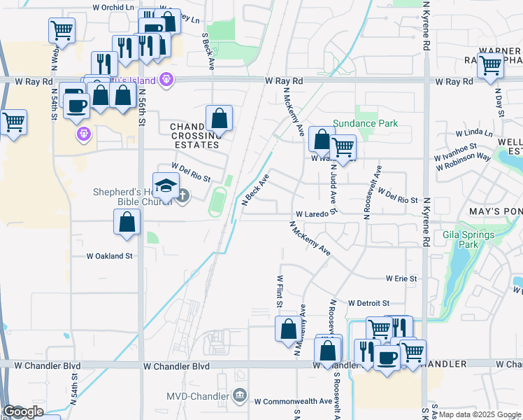 map of restaurants, bars, coffee shops, grocery stores, and more near 6425 West Monterey Street in Chandler