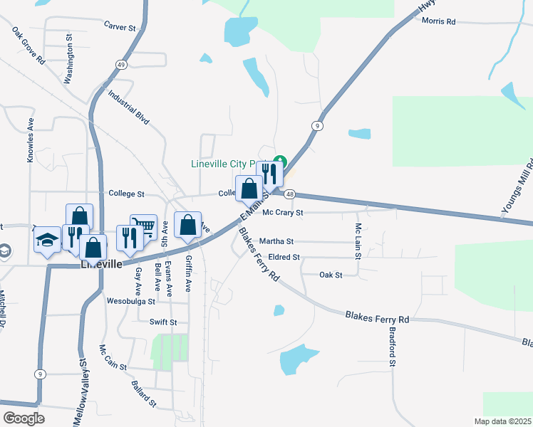 map of restaurants, bars, coffee shops, grocery stores, and more near 60 Mccrary St in Lineville