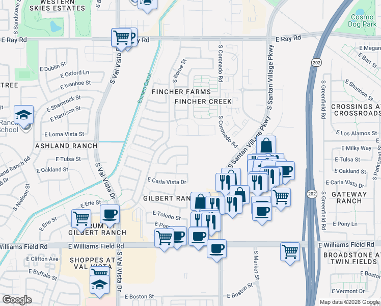 map of restaurants, bars, coffee shops, grocery stores, and more near 1863 East Galveston Street in Gilbert