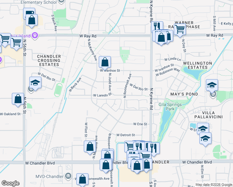 map of restaurants, bars, coffee shops, grocery stores, and more near 617 North Judd Avenue in Chandler