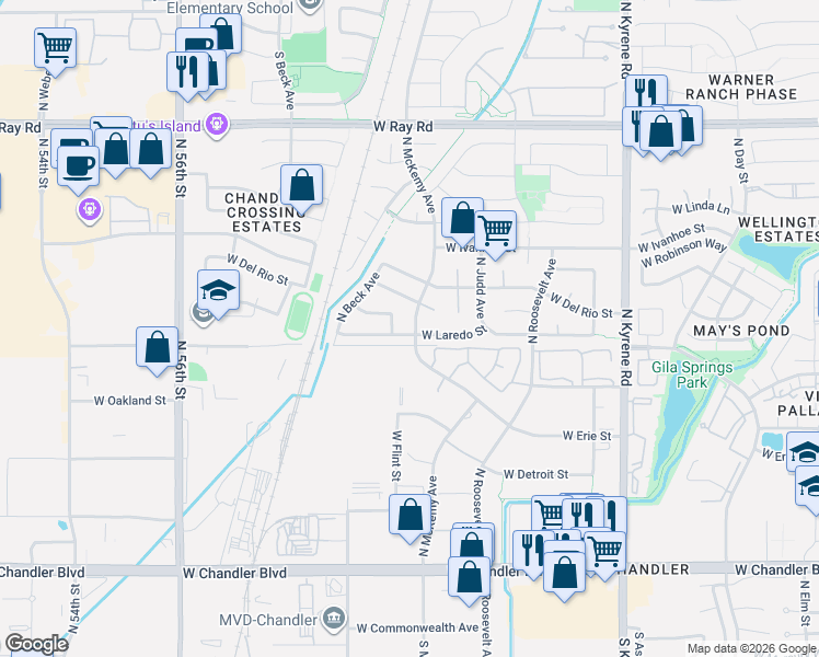 map of restaurants, bars, coffee shops, grocery stores, and more near 622 North McKemy Avenue in Chandler