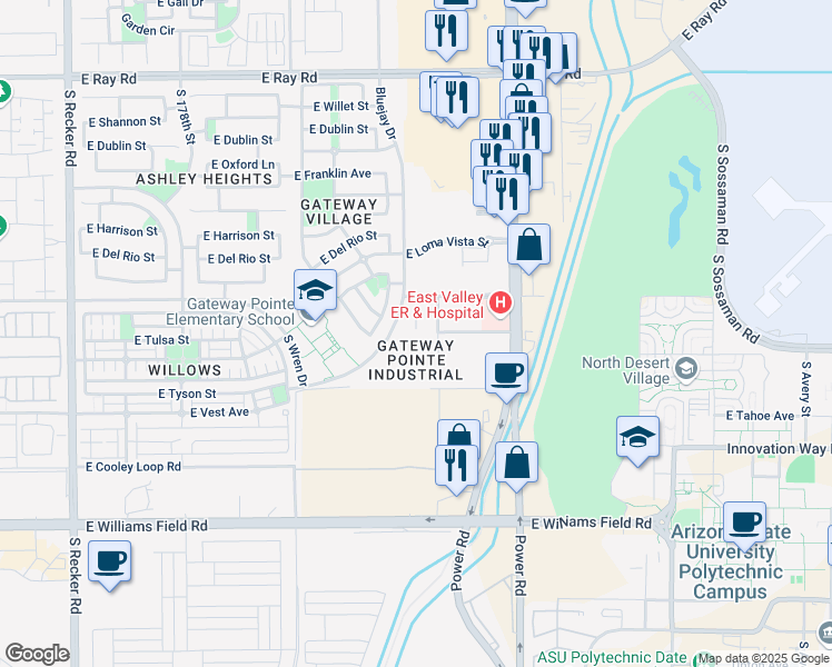 map of restaurants, bars, coffee shops, grocery stores, and more near 2055 Bluejay Drive in Gilbert